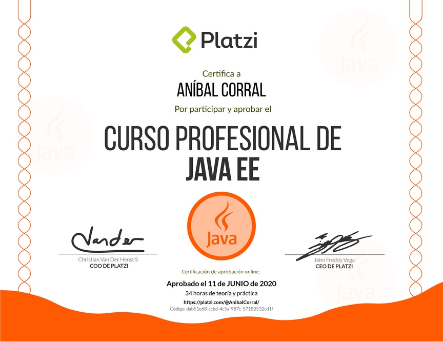 Diploma del Curso Profesional de Java EE 2017