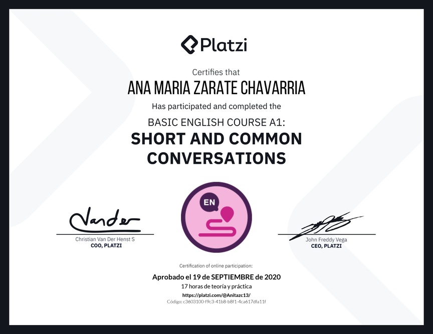Diploma del Curso de Inglés Básico A1: Conversaciones Cortas y Habituales (2020)