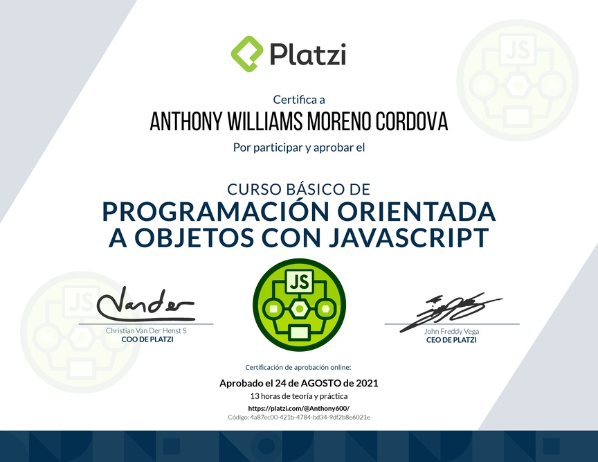 Diploma del Curso Básico de Programación Orientada a Objetos con JavaScript
