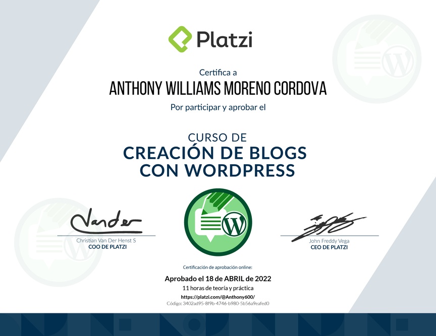 Diploma del Curso de Creación de Blogs con WordPress