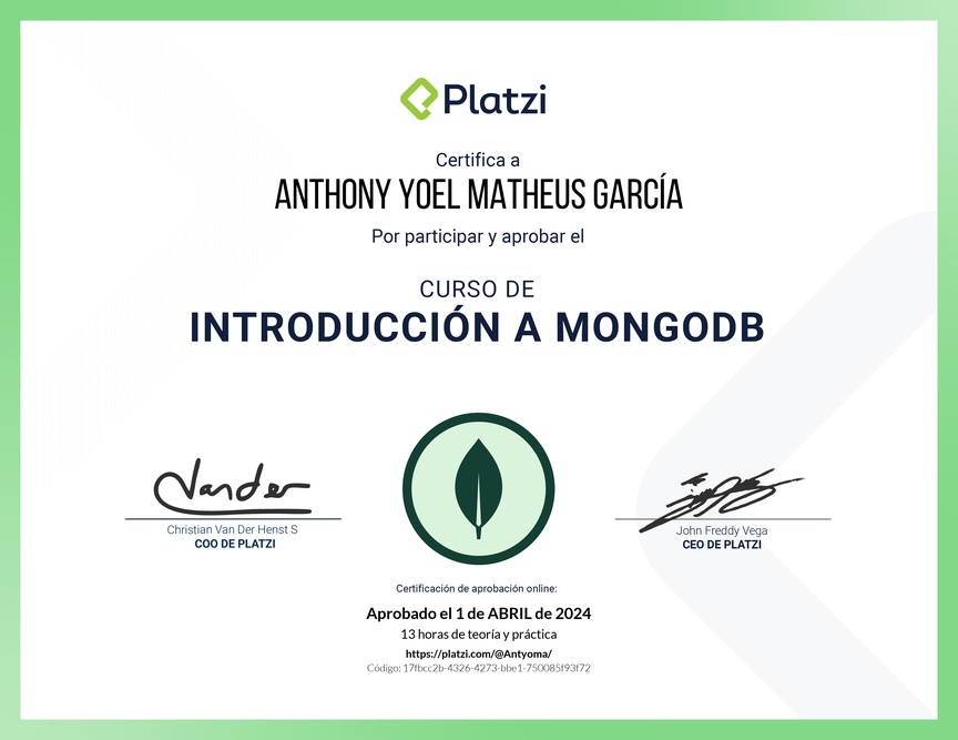 Diploma del Curso de Introducción a MongoDB