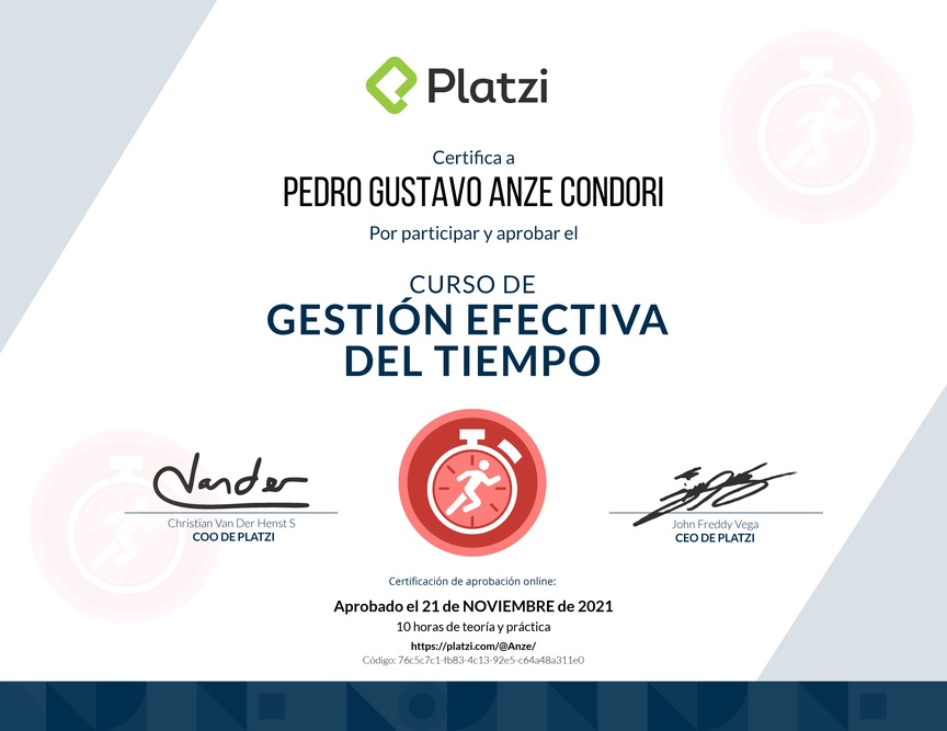 Diploma del Curso de Gestión Efectiva del Tiempo