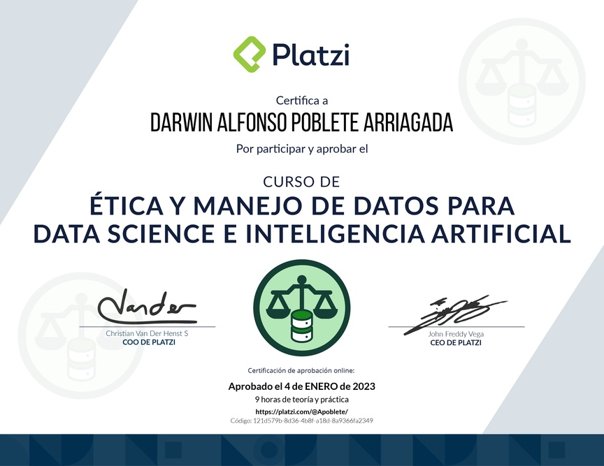 Diploma del Curso de Ética y Manejo de Datos para Data Science e Inteligencia Artificial