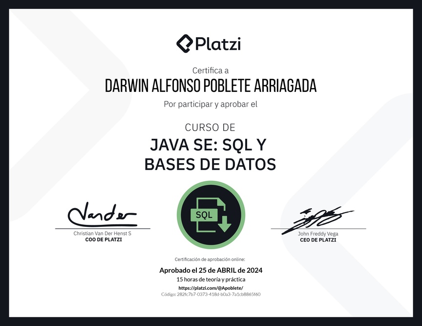 Diploma del Curso de Java SE: SQL y Bases de Datos