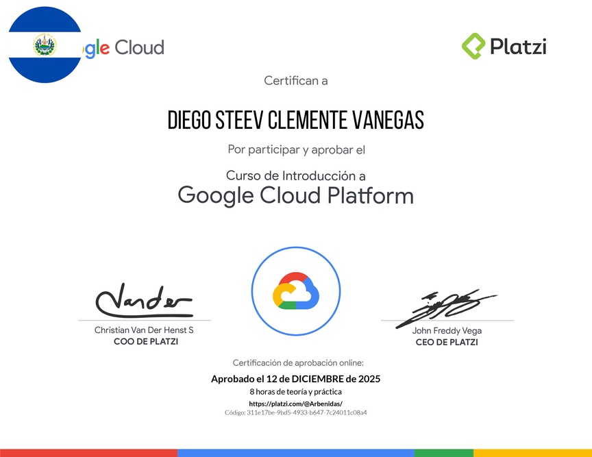 Diploma del Curso de Introducción a Google Cloud Platform
