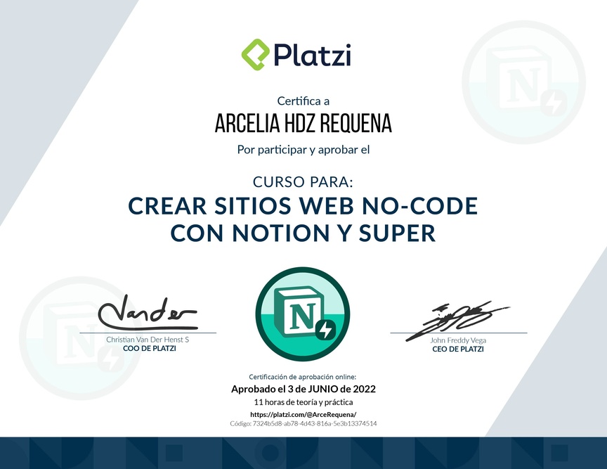 Diploma del Curso para Crear Sitios Web No-code con Notion y Super