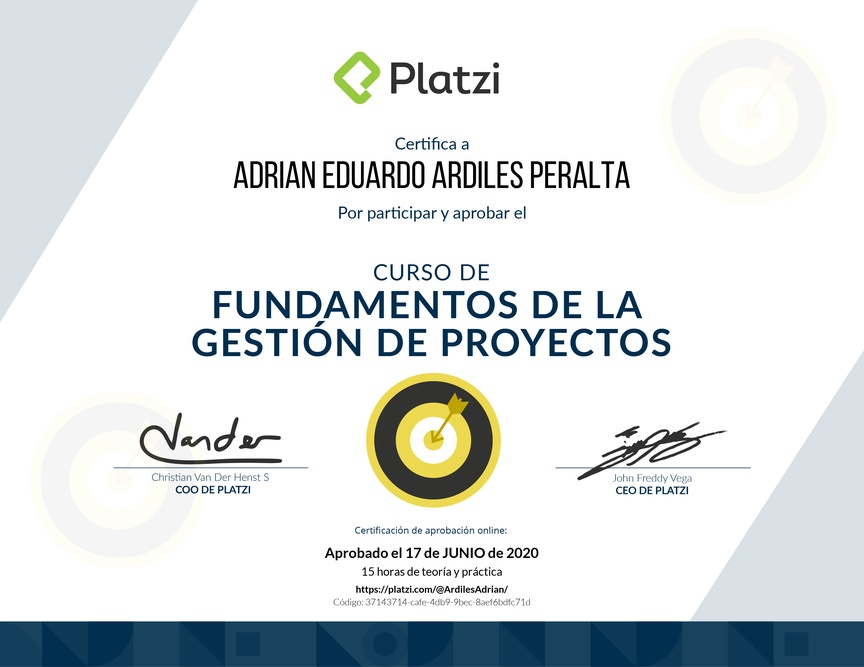 Diploma del Curso de Fundamentos de Gestión de Proyectos 2019