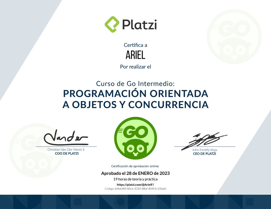 Diploma del Curso de Go Intermedio: Programación Orientada a Objetos y Concurrencia
