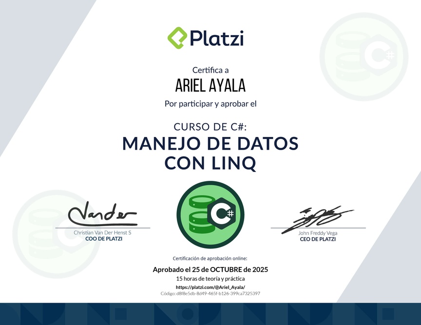 Diploma del Curso de Manejo de Datos en C# con LINQ