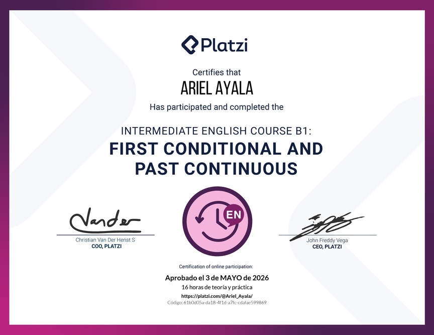 Diploma del Curso de Inglés Intermedio B1: Primer Condicional y Pasado Continuo