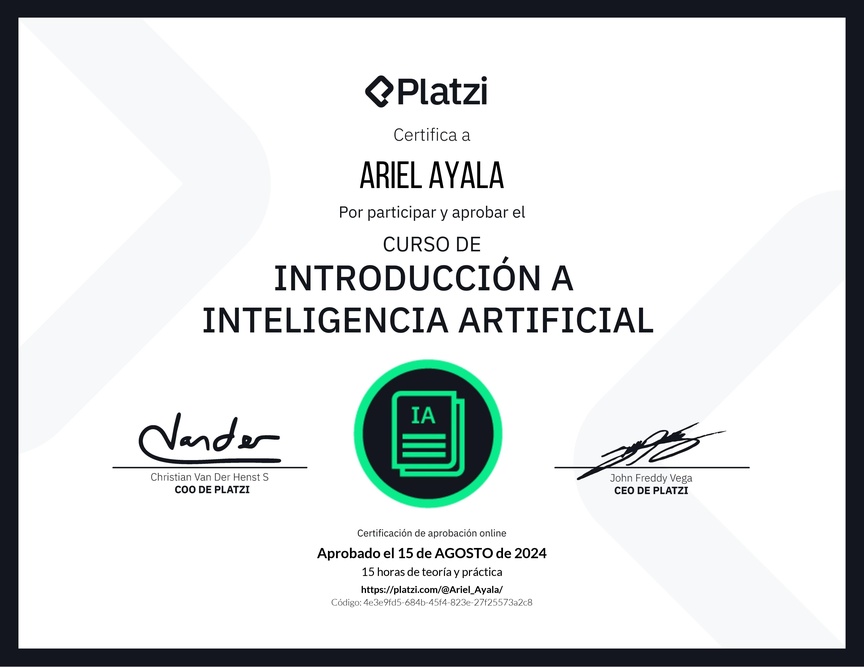 Diploma del Curso de Introducción a Inteligencia Artificial (2023)