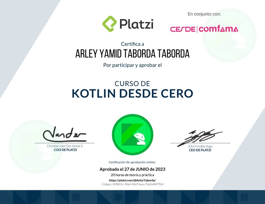 Diploma del Curso de Kotlin desde Cero
