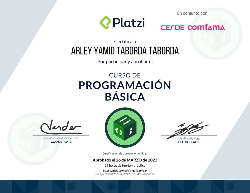 Diploma del Curso Gratis de Programación Básica 2022