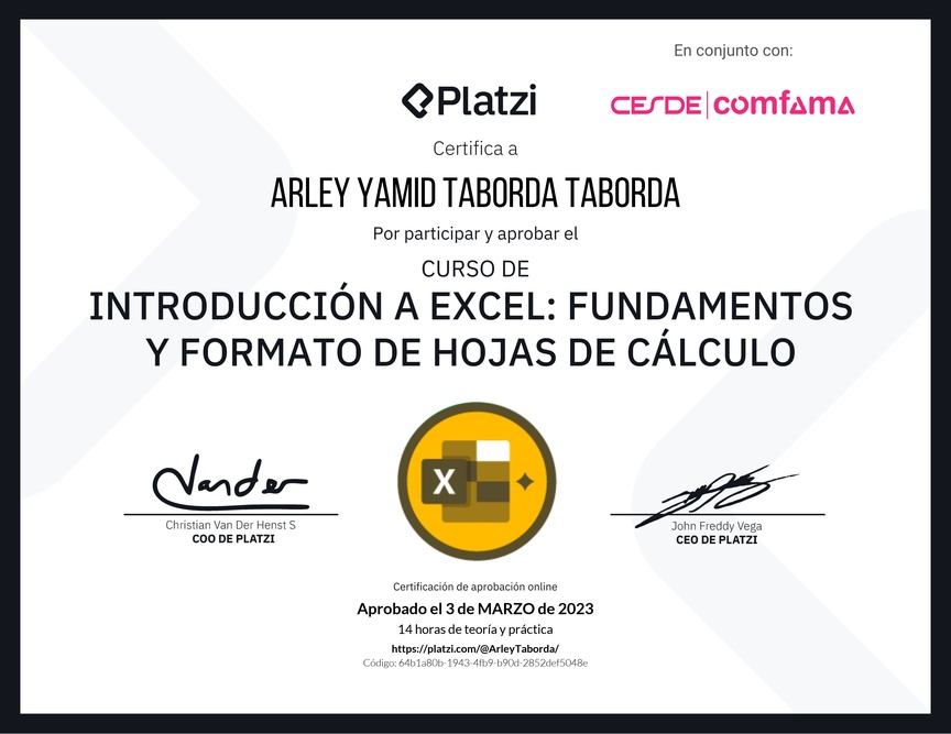 Diploma del Curso de Introducción a Excel para Principiantes: Fundamentos y Formato de Hojas de Cálculo