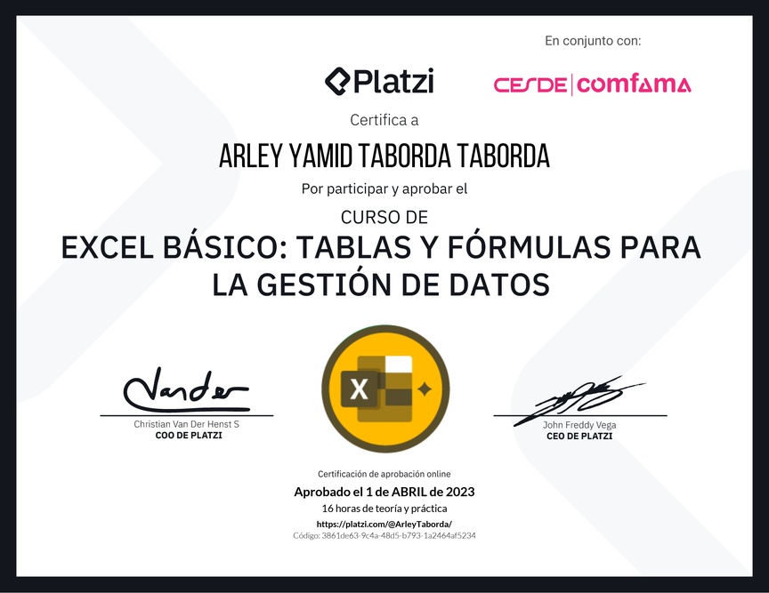 Diploma del Curso de Excel Básico: Tablas y Fórmulas para la Gestión de Datos