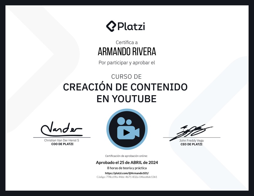 Diploma del Curso de Estrategia de Contenido en YouTube