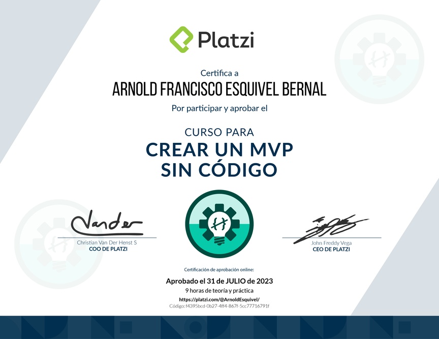 Diploma del Curso para Crear un MVP sin Código