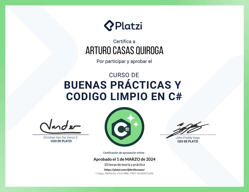 Diploma del Curso de Buenas Prácticas y Código Limpio en C#