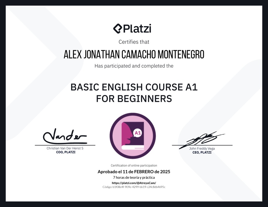 Diploma del Curso de Inglés Básico A1 para Principiantes