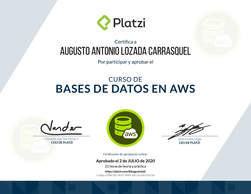 Diploma del Curso Práctico de Bases de Datos en AWS