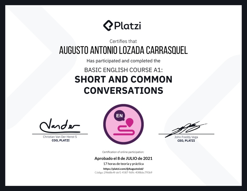 Diploma del Curso de Inglés Básico A1: Conversaciones Cortas y Habituales (2020)