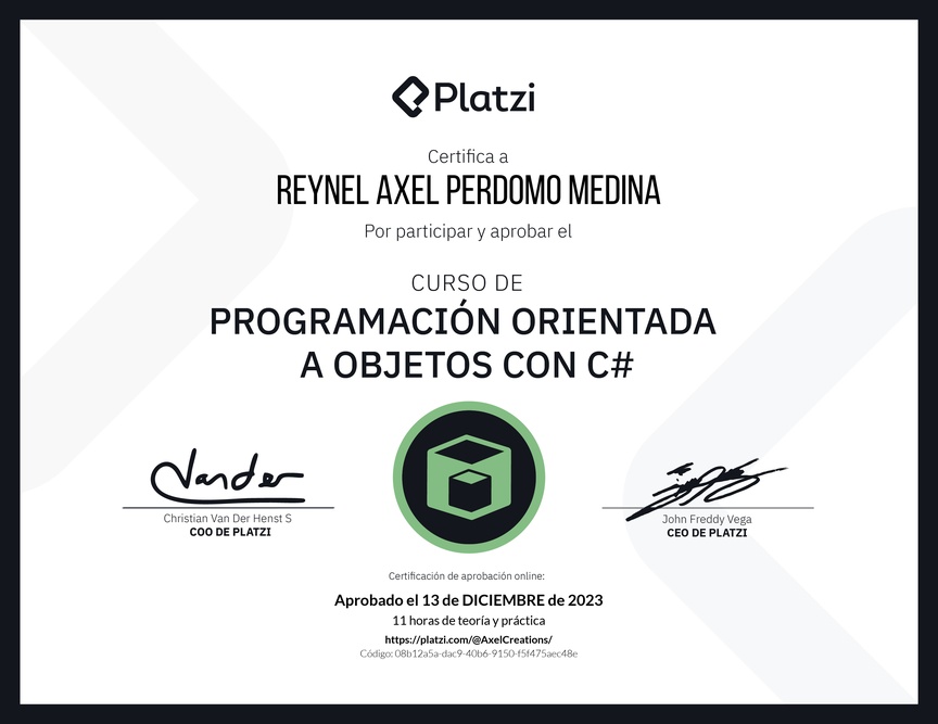 Diploma del Curso de Programación Orientada a Objetos con C#
