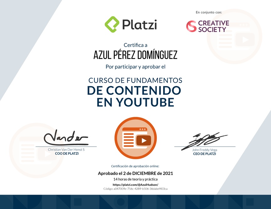 Diploma del Curso de Fundamentos de Contenido de YouTube