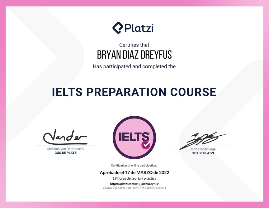 Diploma del Curso de Inglés para Preparación de IELTS (2020)