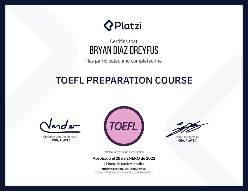Diploma del Curso de Inglés para Preparación para TOEFL (2020)
