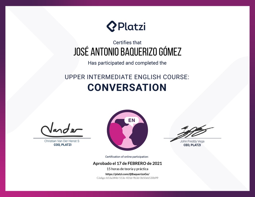 Diploma del Curso de Inglés Intermedio Alto: Conversación 2020