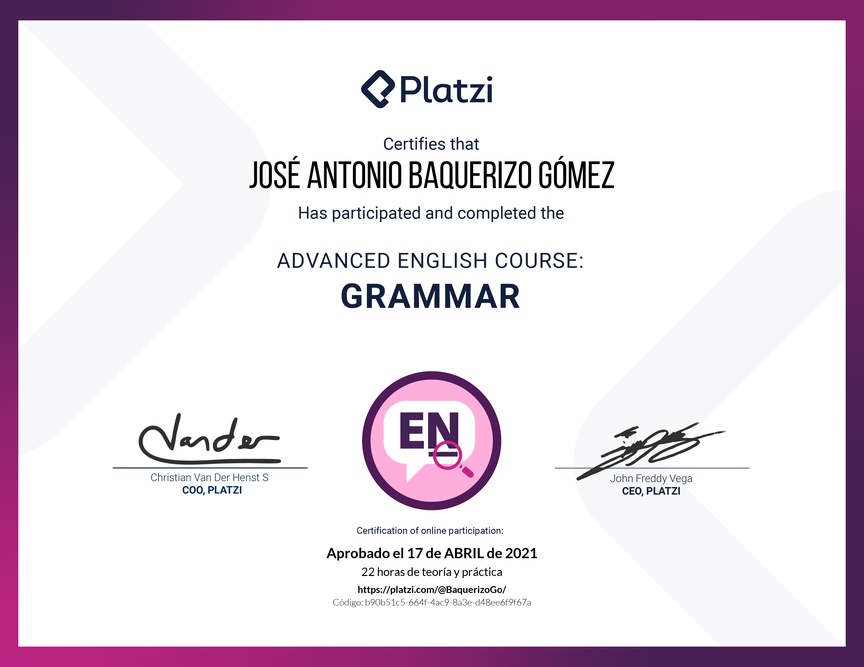 Diploma del Curso Avanzado de Gramática en Inglés (2020)