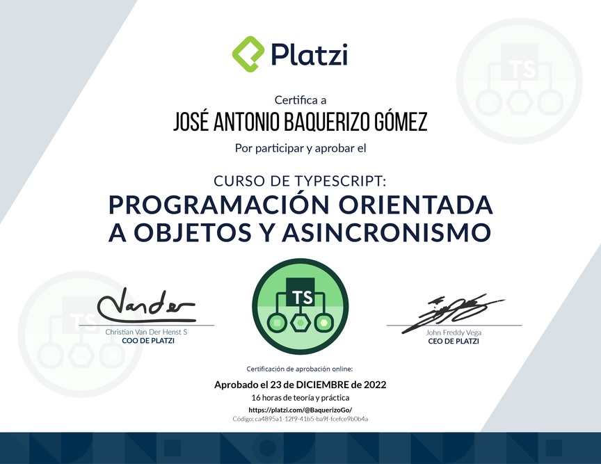 Diploma del Curso de TypeScript: Programación Orientada a Objetos y Asincronismo