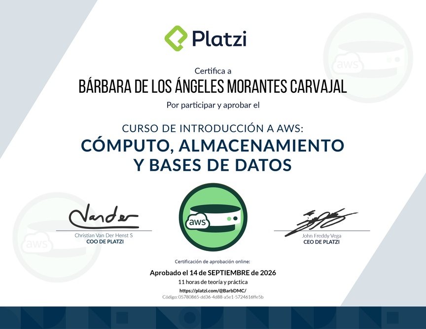 Diploma del Curso de Introducción a AWS: Cómputo, Almacenamiento y Bases de Datos