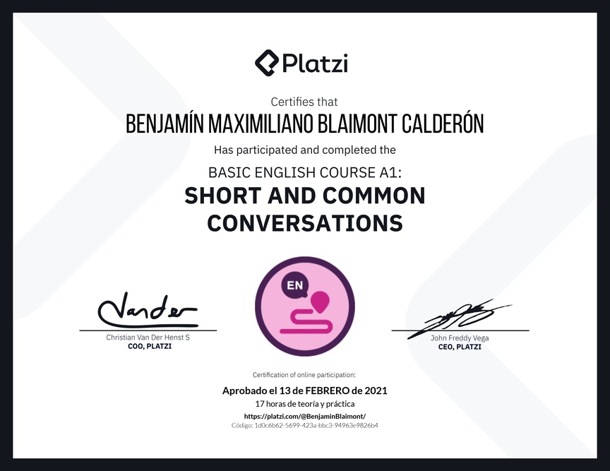 Diploma del Curso de Inglés Básico A1: Conversaciones Cortas y Habituales (2020)