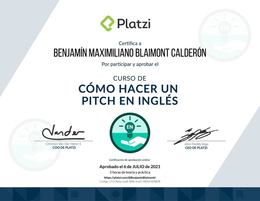 Diploma del Curso de Cómo Hacer un Pitch en Inglés para Levantar Capital