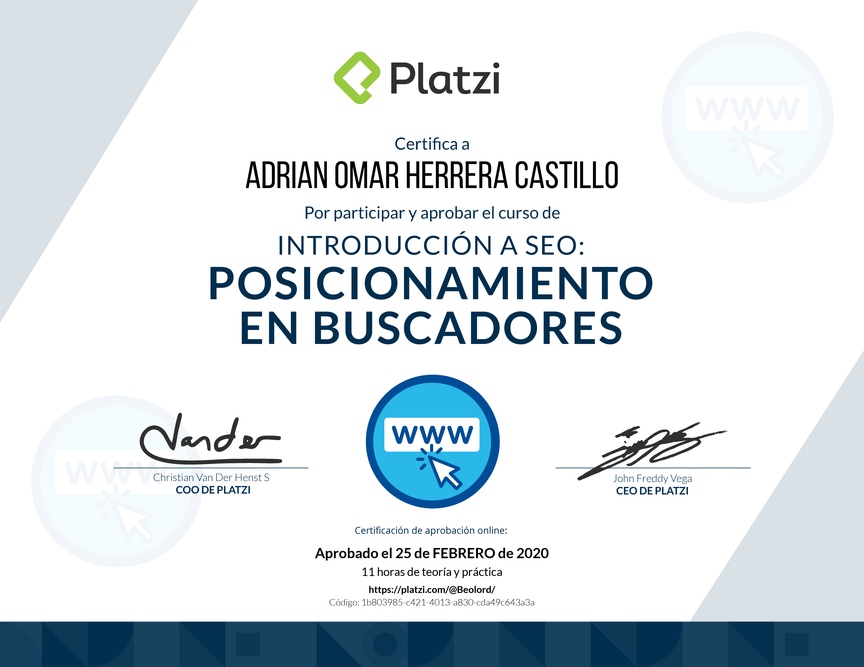 Diploma del Curso de Introducción a SEO: Posicionamiento en Buscadores