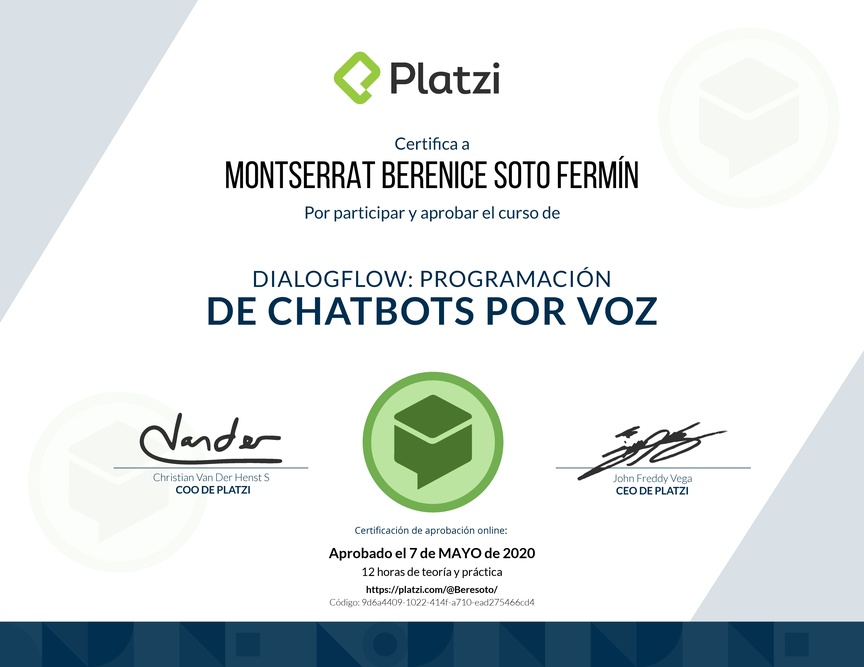 Diploma del Curso de DialogFlow: Programación de Chatbots por voz