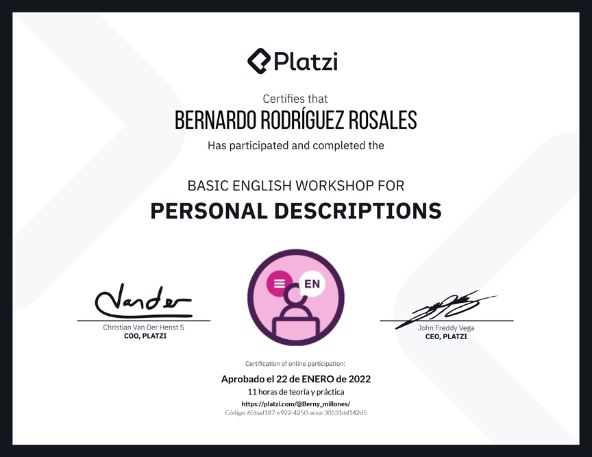 Diploma del Curso de Inglés Práctico para Descripciones Personales (2020=