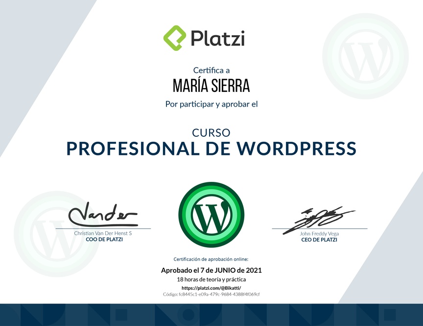 Diploma del Curso Profesional de WordPress
