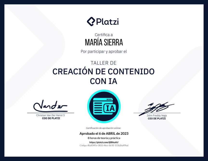 Diploma de Taller de Creación de Contenido con Inteligencia Artificial