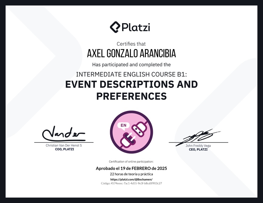 Diploma del Curso de Inglés Intermedio B1: Descripción de Eventos y Preferencias