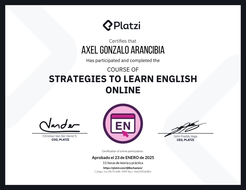 Diploma del Curso Gratis de Estrategias para Aprender Inglés en Línea