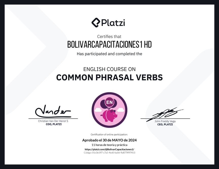 Diploma del Curso de Phrasal Verbs Comunes en Inglés