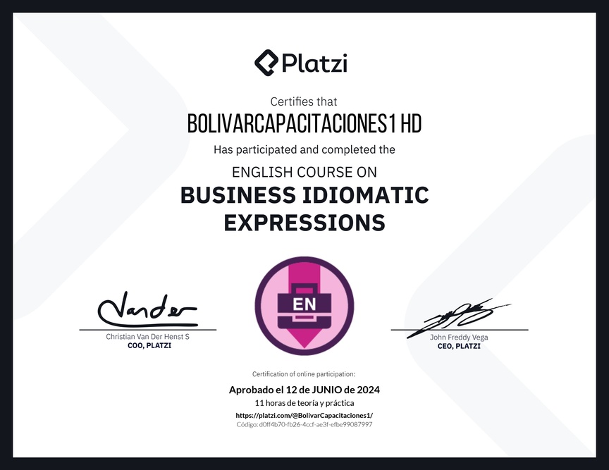 Diploma del Curso de Expresiones Idiomáticas de Negocios en Inglés