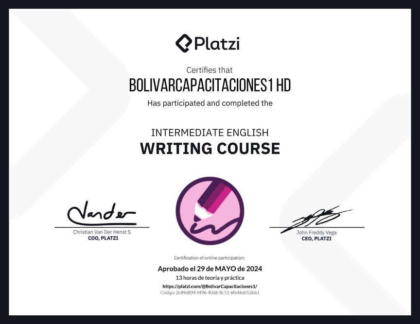 Diploma del Curso Intermedio de Escritura en Inglés