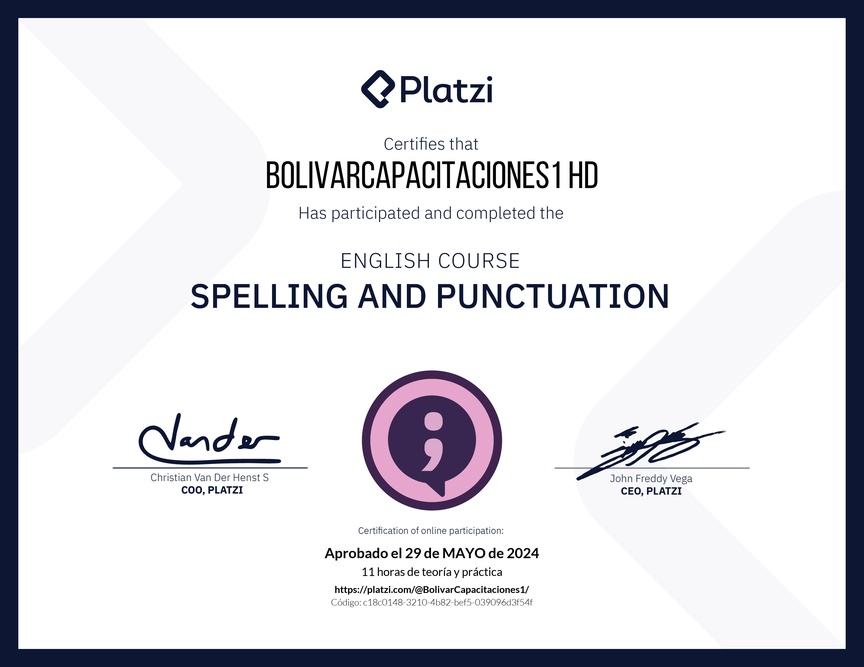 Diploma del Curso de Ortografía y Puntuación en Inglés