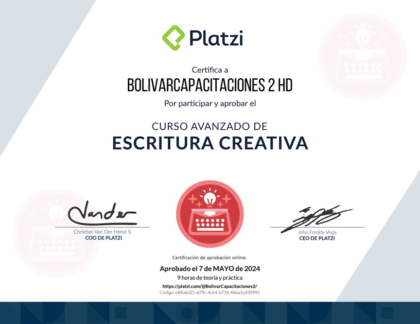 Diploma del Curso Avanzado de Escritura Creativa