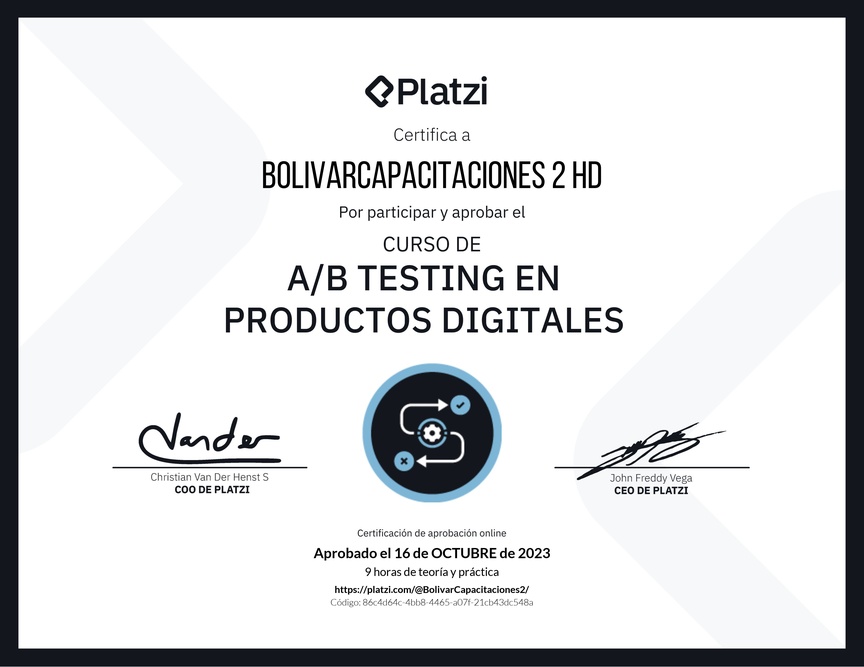 Diploma del Curso de A/B Testing en Productos Digitales