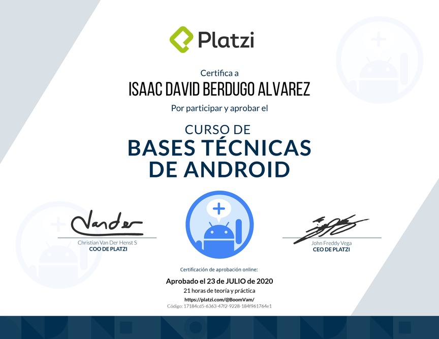 Diploma del Curso de Bases Técnicas de Android