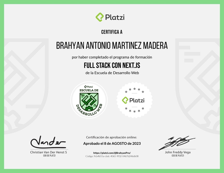 Diploma de la Ruta de Aprendizaje de Full Stack con Next.js